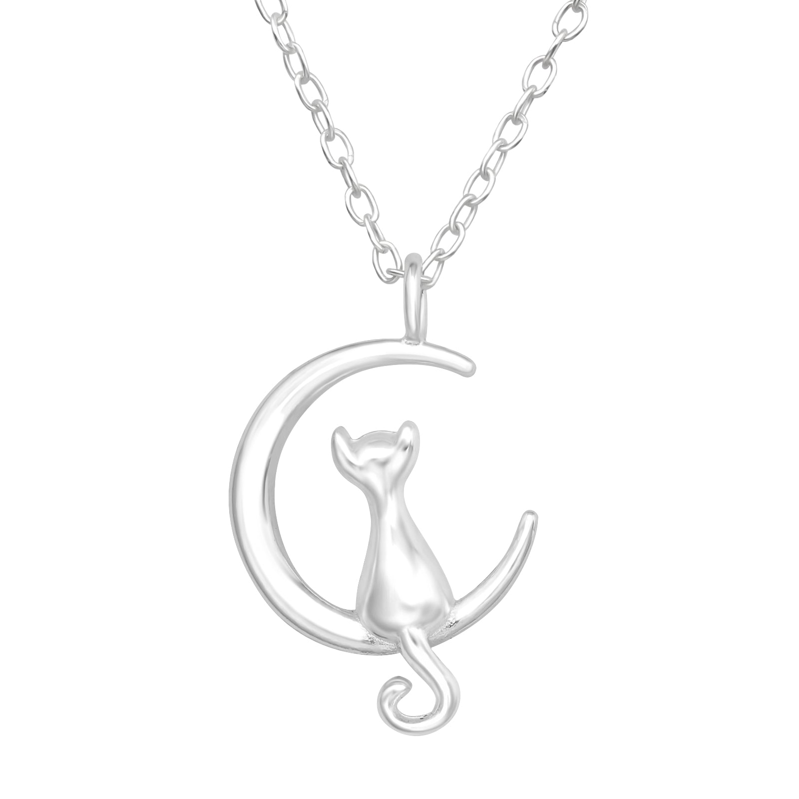 925 Sterling Silver Crescent Moon Cat Pendant Necklace – Cubic Zirconia Star Charm, Rhodium Plated