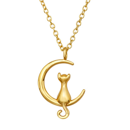 Cat on Crescent Moon Necklace