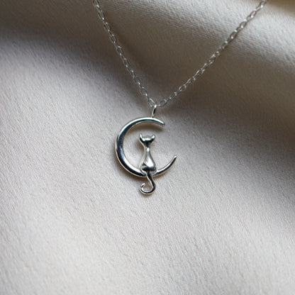 Cat on Crescent Moon Necklace